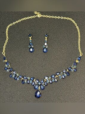 Gold-Tone Blue Crystal Necklace & Earrings Set